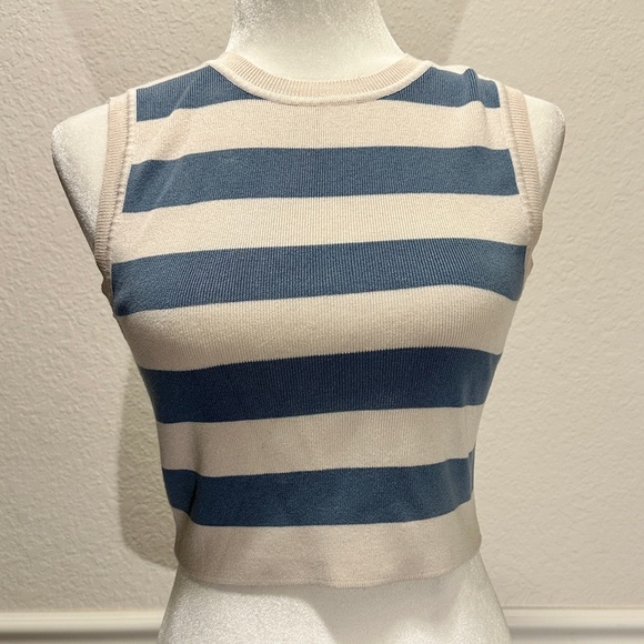 Zara Tops - Baby Blue & Off White Zara Striped Cropped Sweater Tank Size Large